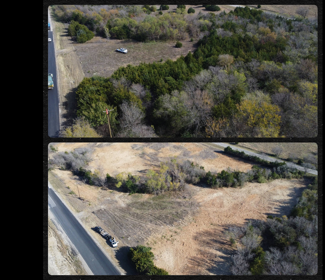 Aerial before and after style view of cleared Texas property work