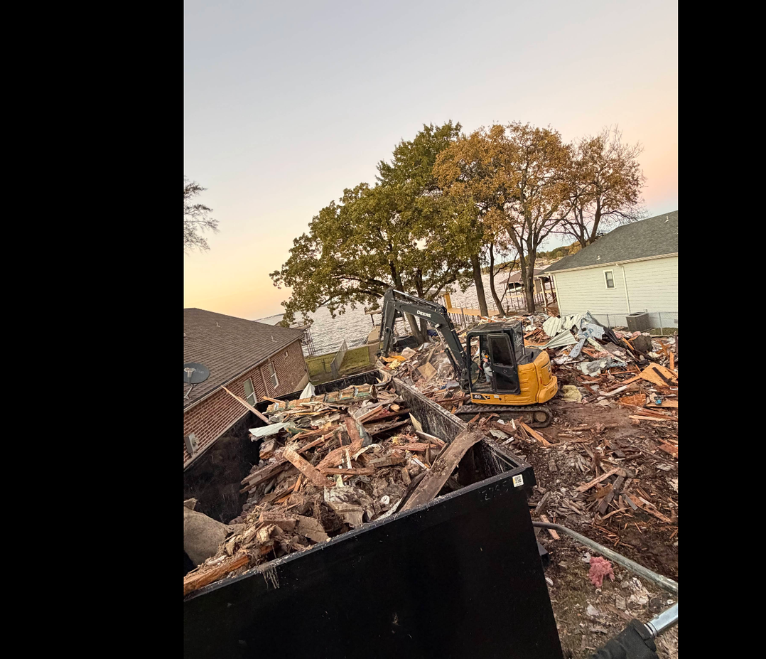 Demolition cleanup and roll-off dumpster support on a rural Texas jobsite